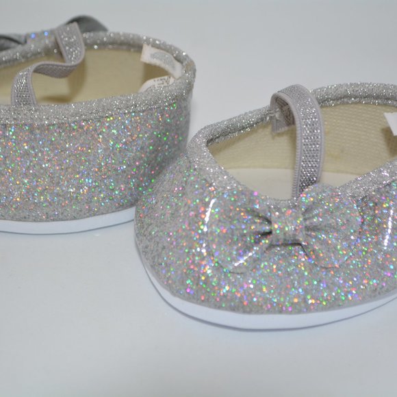 Build-A-Bear Silver Sparkle Flats Teddy-Size Glittery Dress Shoes w/ Bows BAB - Picture 3 of 7